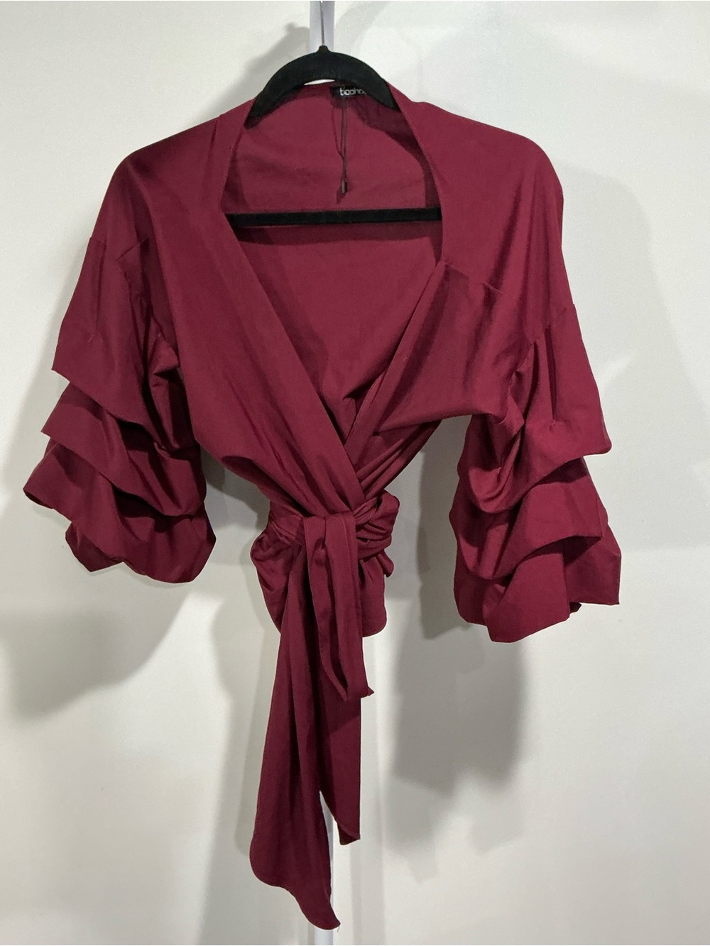 Boohoo Burgundy Ruffle Sleeve Wrap Blouse - Picture 1 of 5